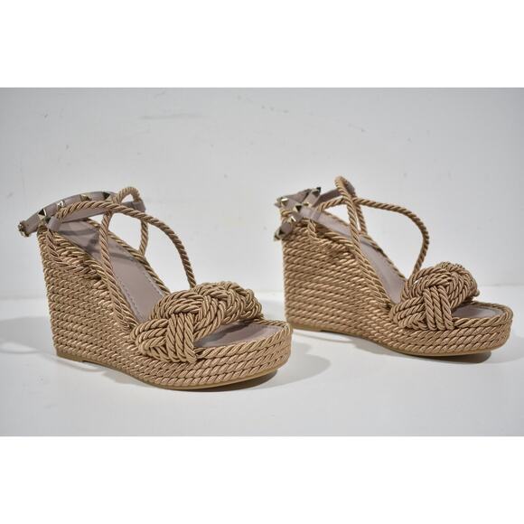 Valentino Rockstud Torchon Poudre Nude Cord Rope Wedge Ankle Strap Sandal 41 - Picture 4 of 11